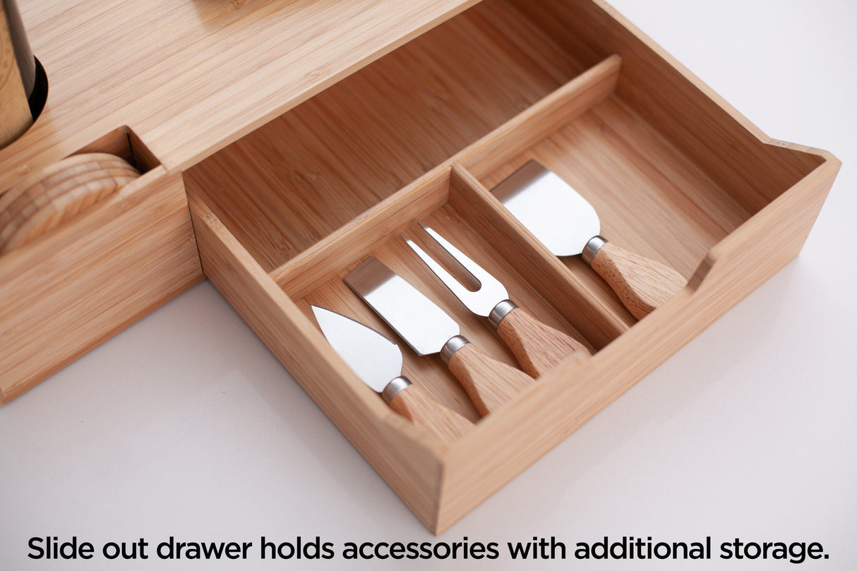 Bamboo Wine & Cheese Serving Tray with Drawer