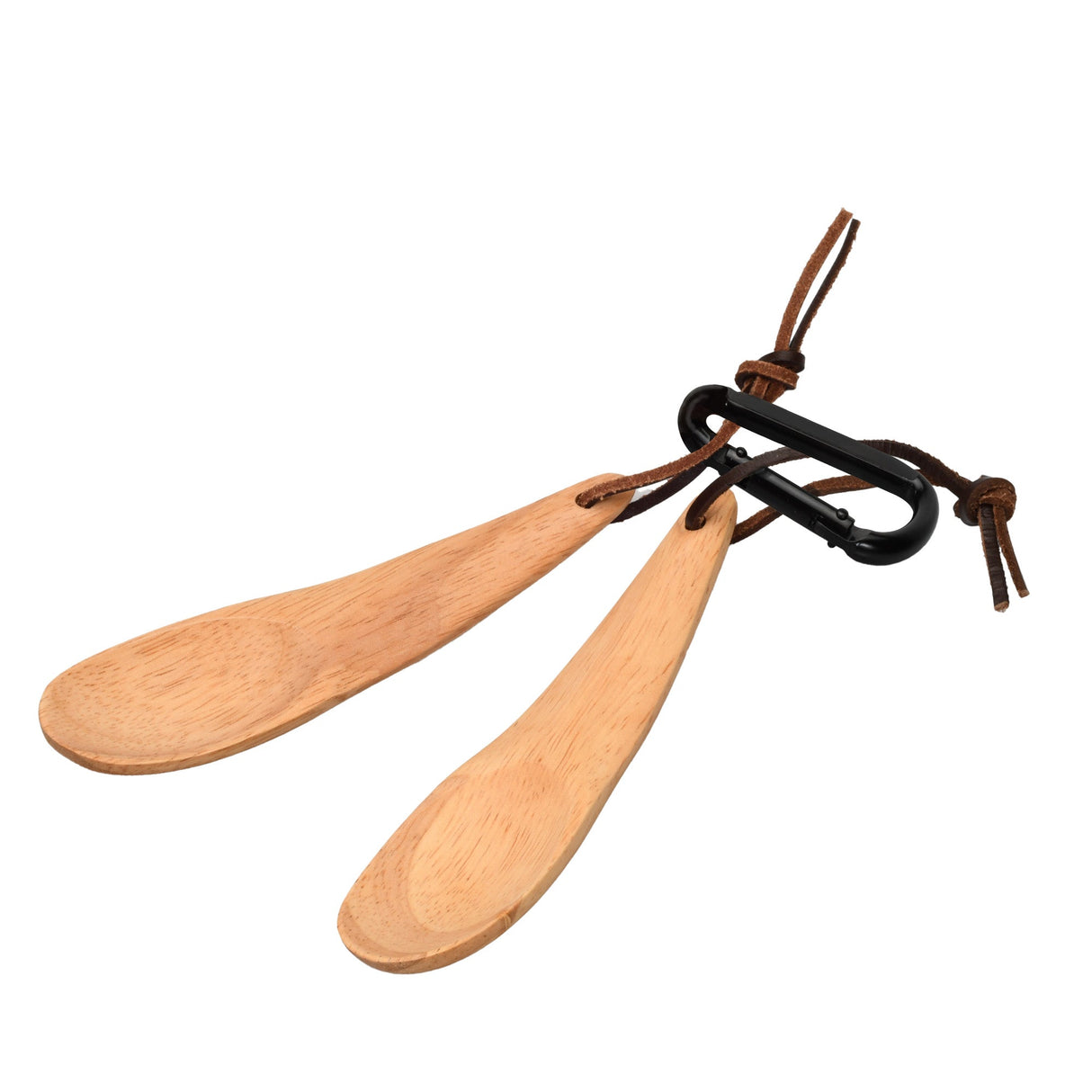 Wooden Kuksa Spoons (Set of 2) with Black Carabiner Clip & Leather Tethers