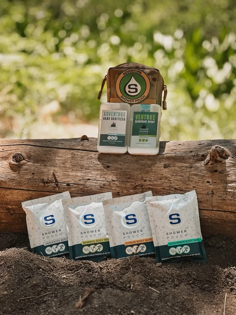 Tactical Molle Zipper Bag + Adventure Sampler Kit: 4 Shower Pouches, 1 Hand Sanitizer, 1 Deodorant