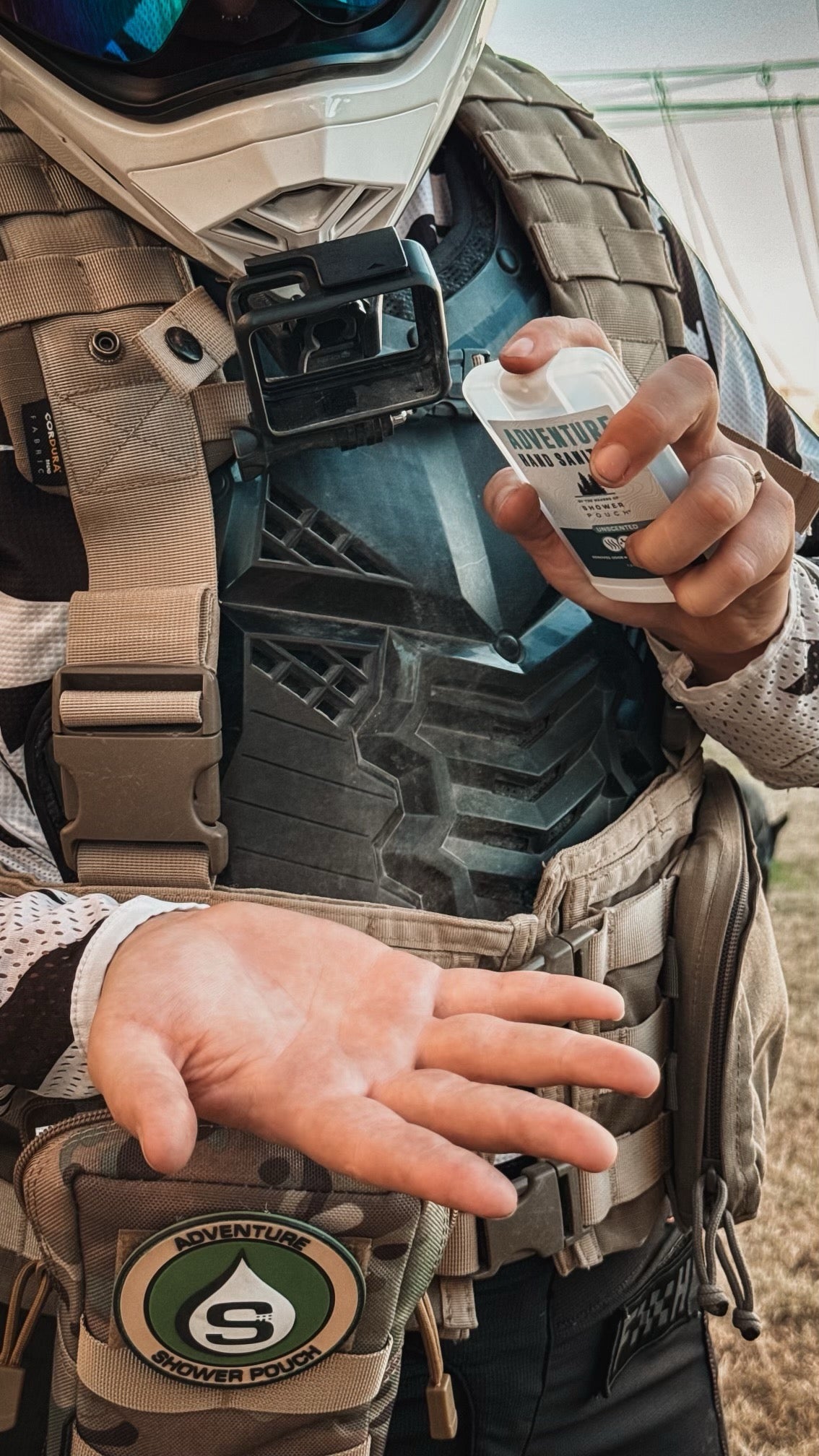 Tactical Molle Zipper Bag + Adventure Sampler Kit: 4 Shower Pouches, 1 Hand Sanitizer, 1 Deodorant