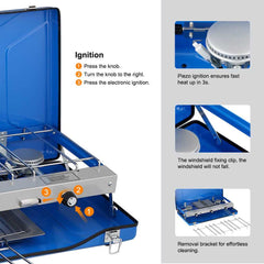 Camplux Propane Camping Stove 2 Burners & 1 Grill, 20,400 BTU Auto - Ignition - Magnadyne