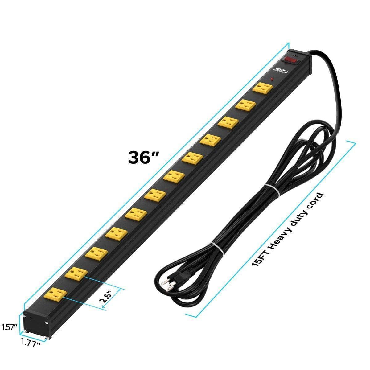 CRST 2.6" Wide Spaced 12 Outlets Mountable Metal Power Strip Surge Protector, Optional 6FT or 15FT Power Cord, Mounting Brackets included - Magnadyne