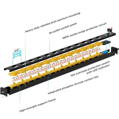CRST 2.6" Wide Spaced 12 Outlets Mountable Metal Power Strip Surge Protector, Optional 6FT or 15FT Power Cord, Mounting Brackets included - Magnadyne
