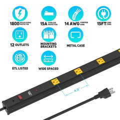 CRST 4.2" Wide Spaced 12 Outlets Mountable Metal Power Strip Surge Protector, 15FT Power Cord, Mounting Brackets Included - Magnadyne