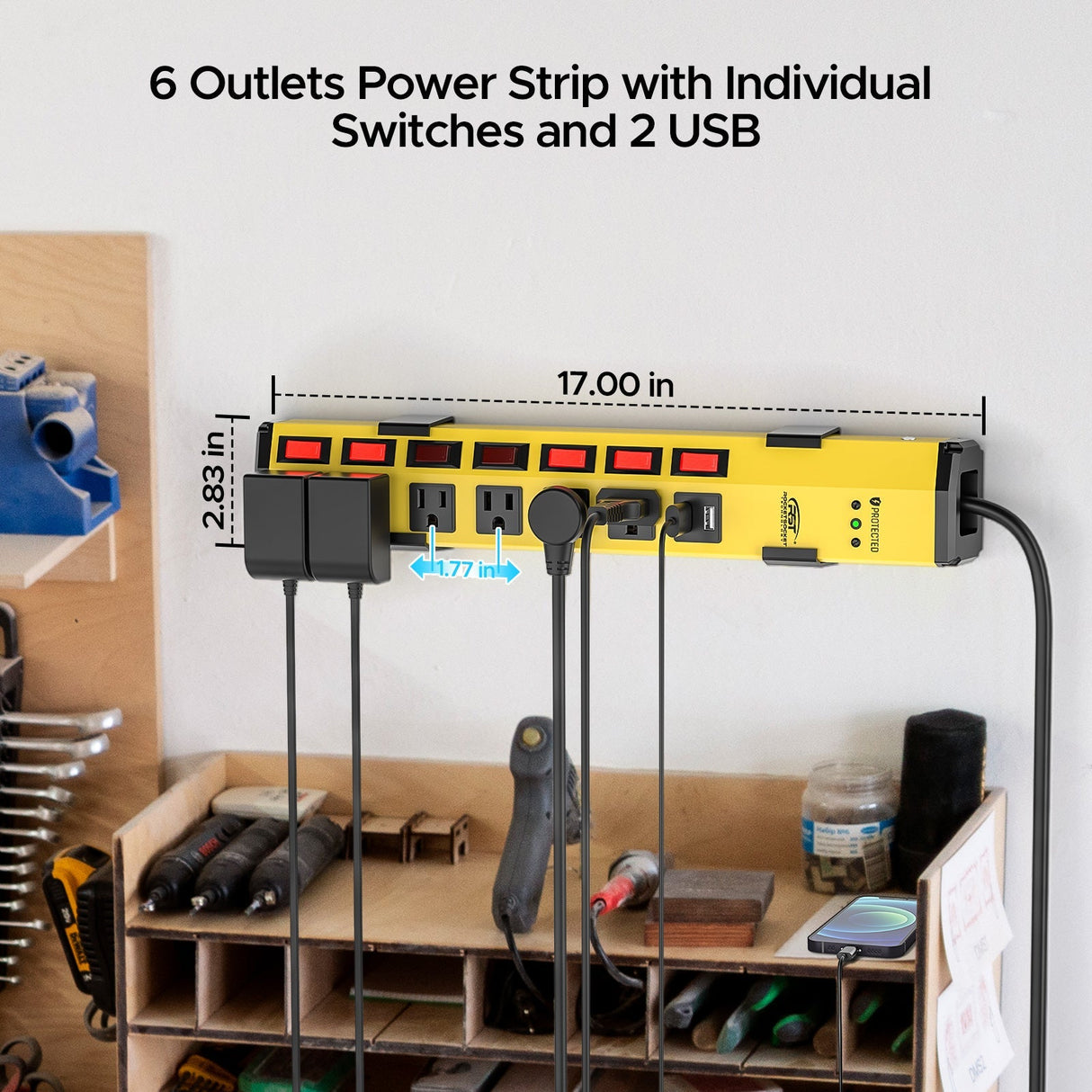 CRST 6 Outlets Dural USB Individual Switches Metal Power Strip Surge Protector, 6FT Flat Plug Power Cord - Magnadyne