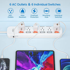 CRST 6 Outlets Individual Switch Surge Protector Power Strip with Slidable Shock Protection, 6FT Flat Plug Power Cord - Magnadyne