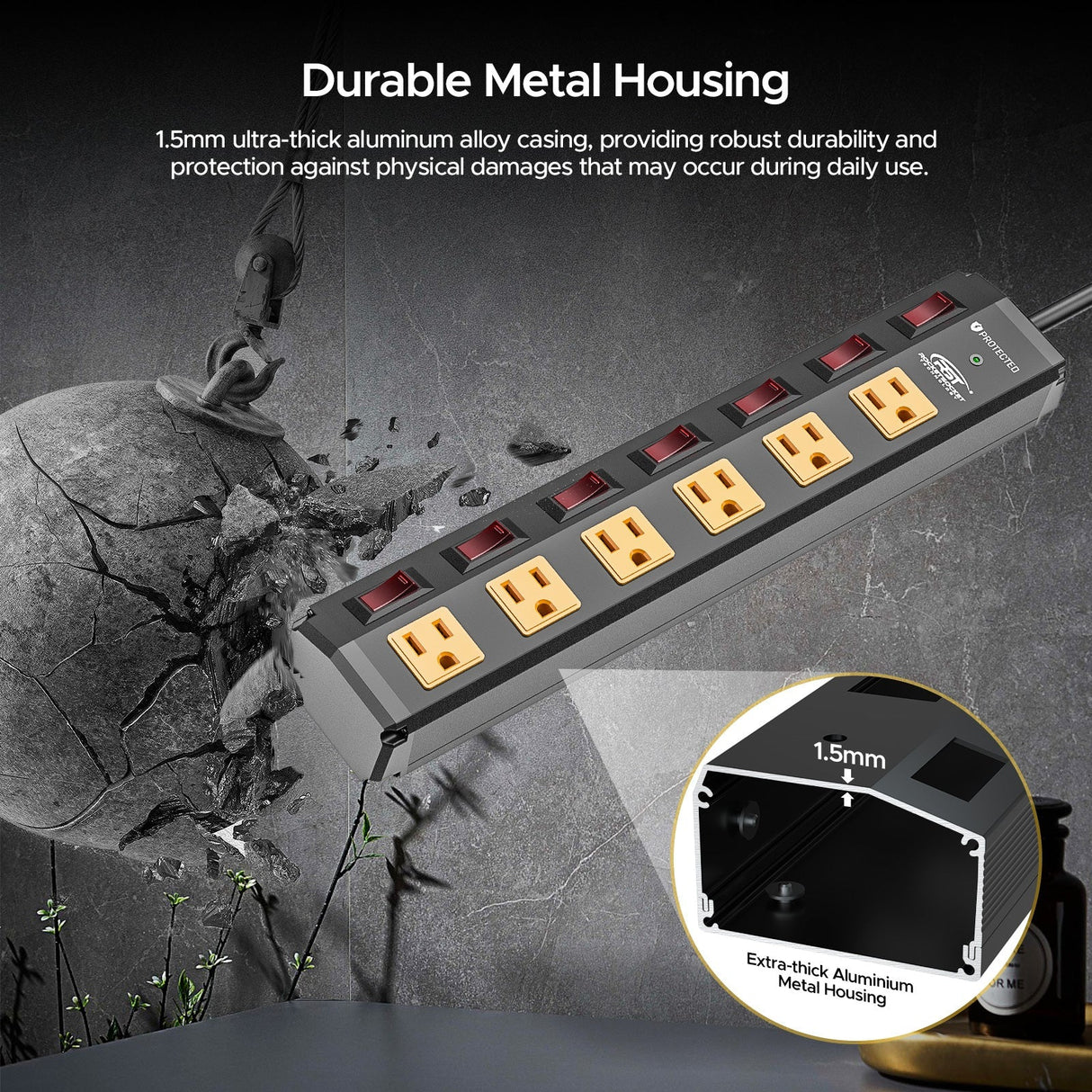 CRST 6 Outlets Individual Switches Mountable Metal Power Strip Surge Protector, 6FT Flat Plug Power Cord, Optional 3 Colors - Magnadyne