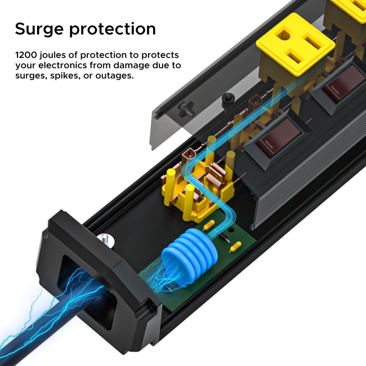 CRST 6 Outlets Individual Switches Mountable Metal Power Strip Surge Protector, 6FT Flat Plug Power Cord, Optional 3 Colors - Magnadyne
