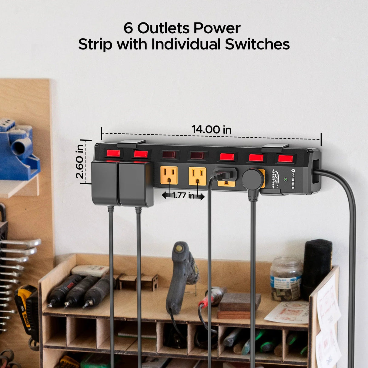 CRST 6 Outlets Individual Switches Mountable Metal Power Strip Surge Protector, 6FT Flat Plug Power Cord, Optional 3 Colors - Magnadyne