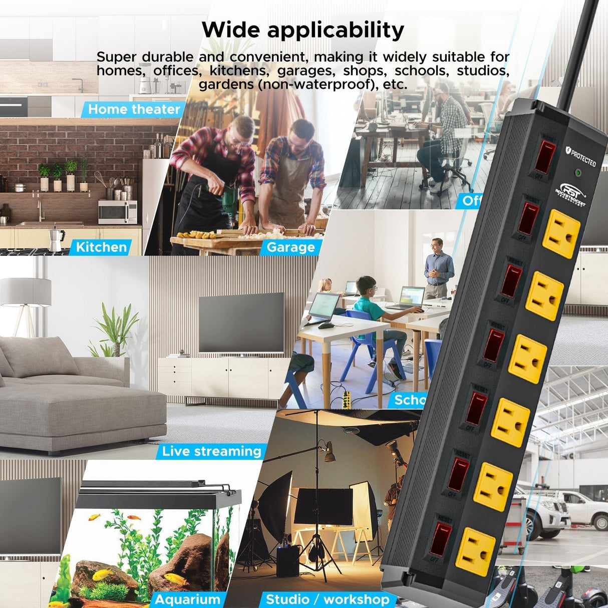 CRST 6 Outlets Individual Switches Mountable Metal Power Strip Surge Protector, 6FT Flat Plug Power Cord, Optional 3 Colors - Magnadyne