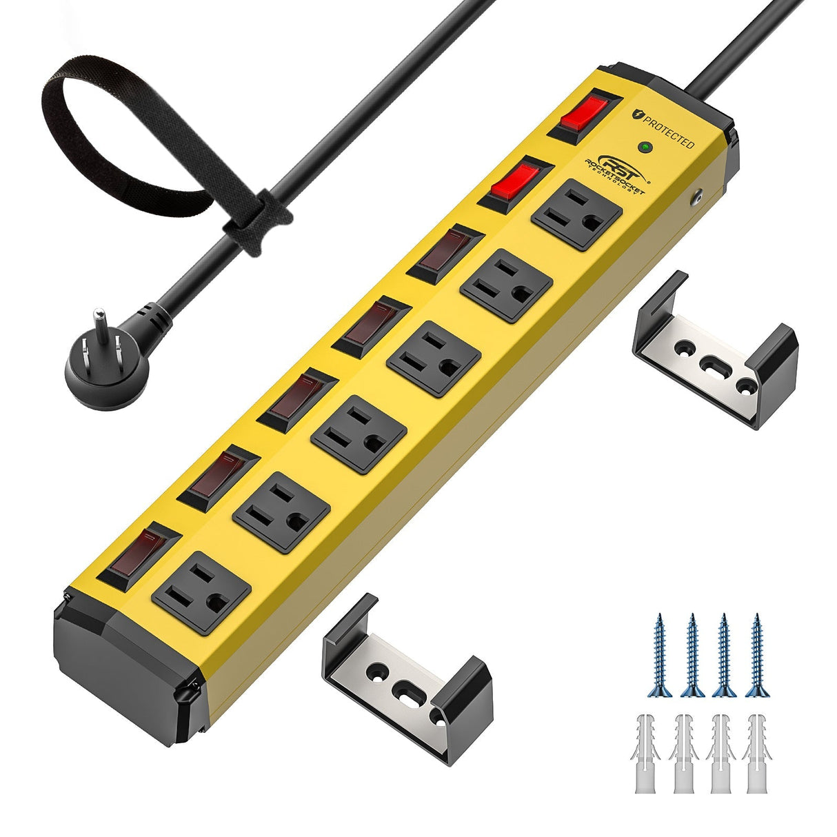 CRST 6 Outlets Individual Switches Mountable Metal Power Strip Surge Protector, 6FT Flat Plug Power Cord, Optional 3 Colors - Magnadyne