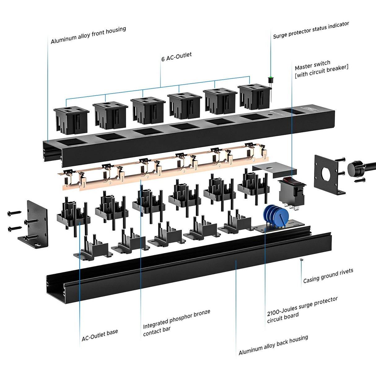 CRST 6 Outlets Wide Spaced Mountable Metal Power Strip Surge Protector, 6FT Flat Plug Power Cord, Mounting Kits Included - Magnadyne