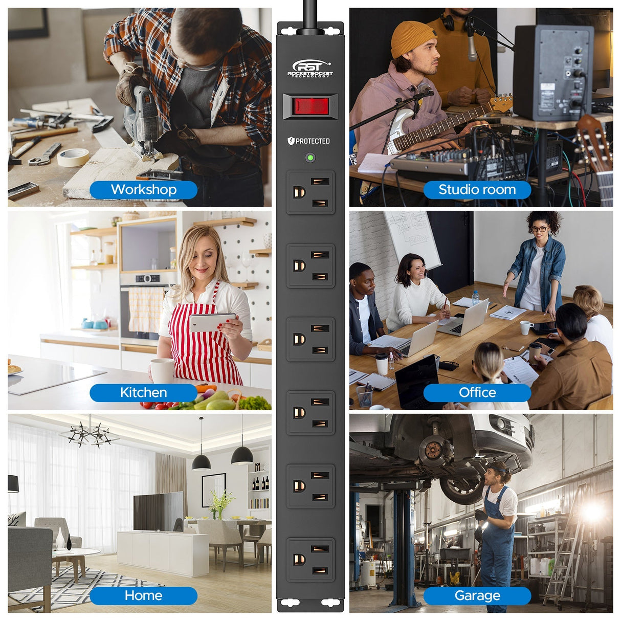 CRST 6 Outlets Wide Spaced Mountable Metal Power Strip Surge Protector, 6FT Flat Plug Power Cord, Mounting Kits Included - Magnadyne