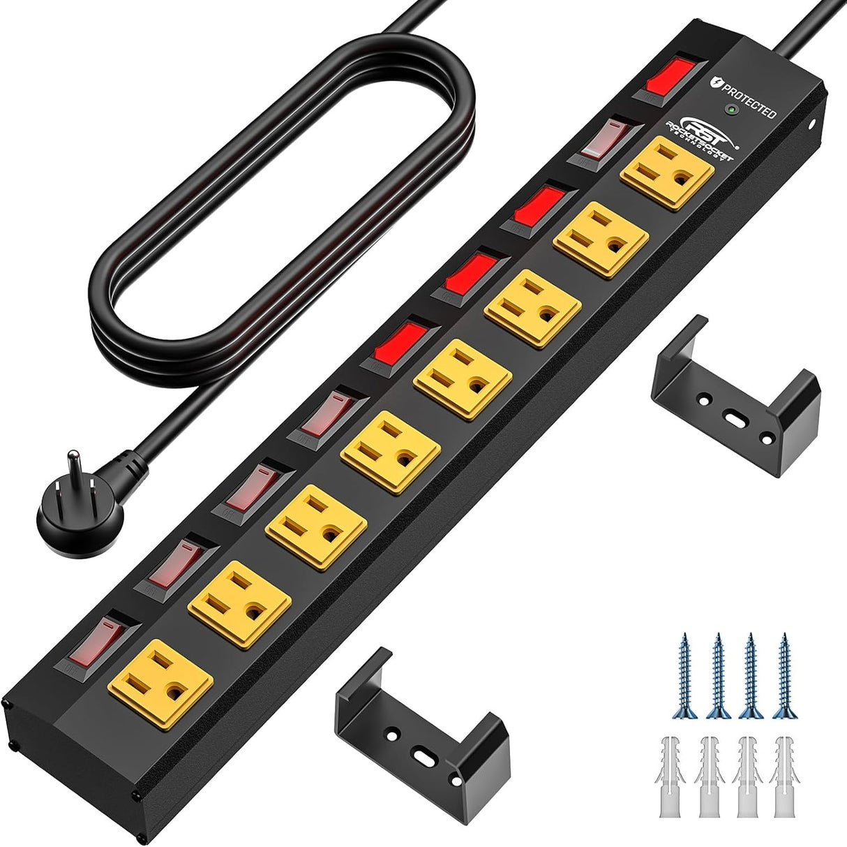 CRST 8-Outlet Wide Metal Surge Protector Power Strip - Individual Switches, 1200J, Wall Mount, 6ft Cord - Magnadyne