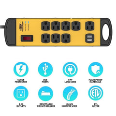 CRST 8 Outlets Dural USB Mountable Metal Power Strip Surge Protector W/ Cord Wrapping Design, 9FT Power Cord - Magnadyne