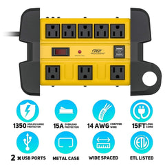 CRST 8 Outlets Dural USB Mountable Metal Power Strip Surge Protector with Cord Wrapping Design, Optional 15FT or 6FT Power Cord - Magnadyne