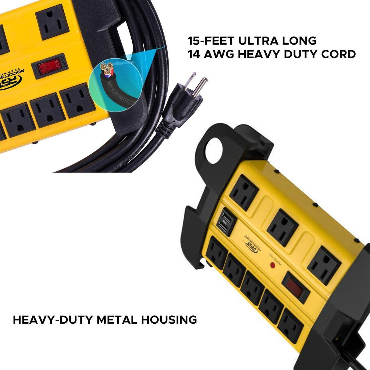CRST 8 Outlets Dural USB Mountable Metal Power Strip Surge Protector with Cord Wrapping Design, Optional 15FT or 6FT Power Cord - Magnadyne