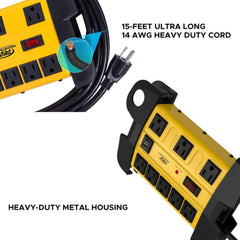 CRST 8 Outlets Dural USB Mountable Metal Power Strip Surge Protector with Cord Wrapping Design, Optional 15FT or 6FT Power Cord - Magnadyne