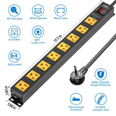 CRST 8 Outlets Wide Spaced Mountable Metal Power Strip Surge Protector, 6FT Flat Plug Power Cord, Mounting Kits Included - Magnadyne