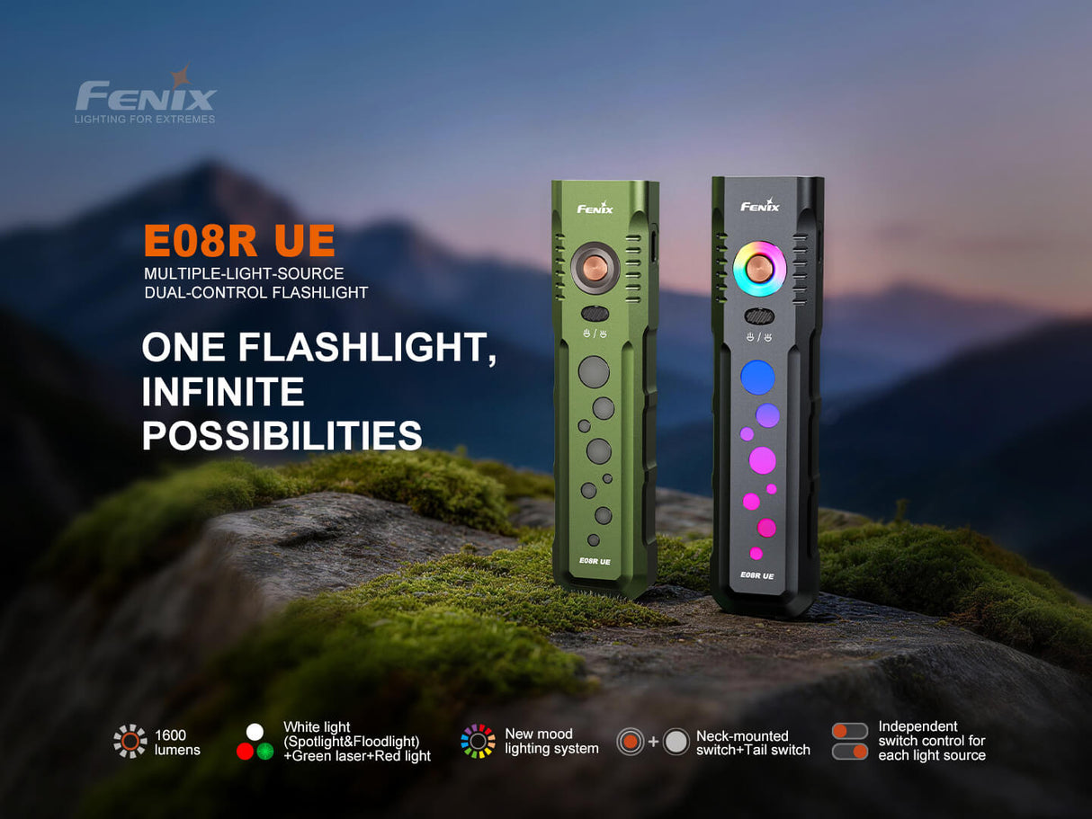 Fenix E08R UE Multi-Light EDC Flashlight With Red Light & Green Laser - Magnadyne