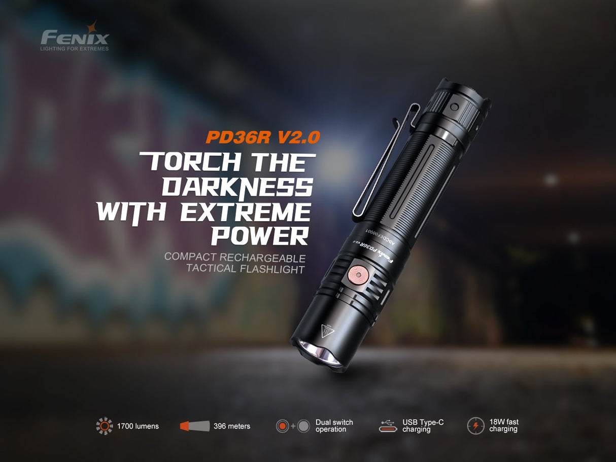 Fenix PD36R V2 Compact Rechargeable Tactical Flashlight - 1700 Lumens - Magnadyne