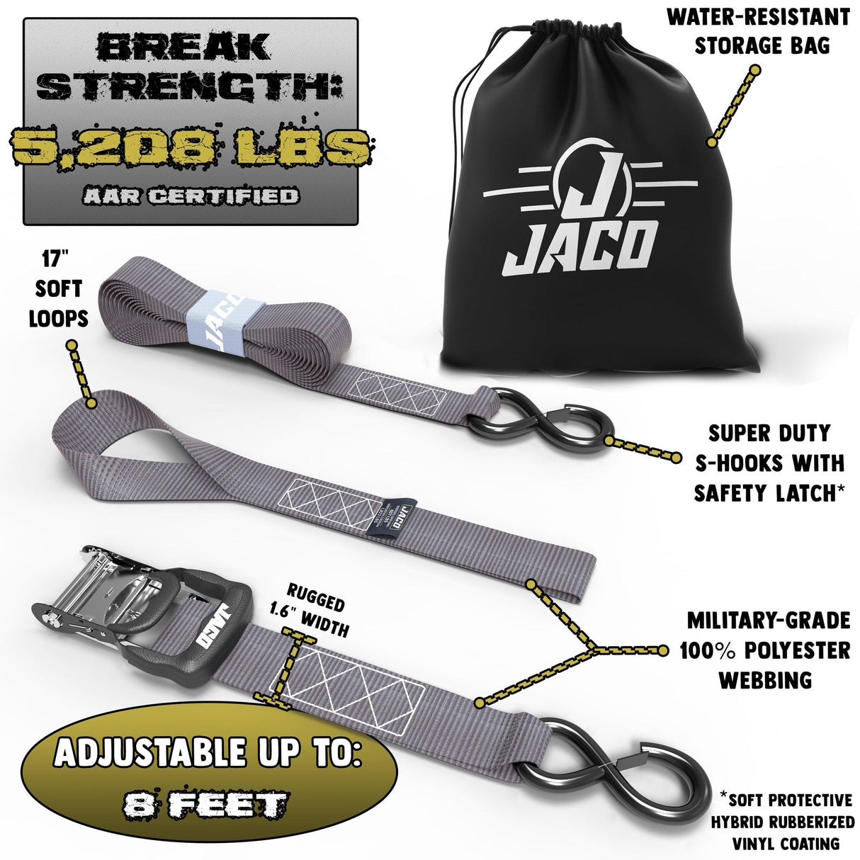 Heavy Duty Ratchet Tie Down Straps with Soft Loops (1.6" x 8 ft) | AAR Certified Break Strength (5,208 lbs) - Magnadyne