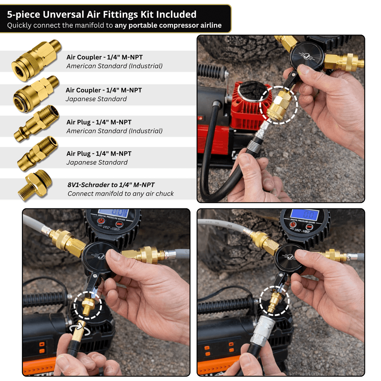 Rapid 4-Tire Inflation/Deflation System with Lightning™ Air Chucks | Multi-Tire Inflator/Deflator 4-Way Hose Kit for Off Road 4x4 - Magnadyne
