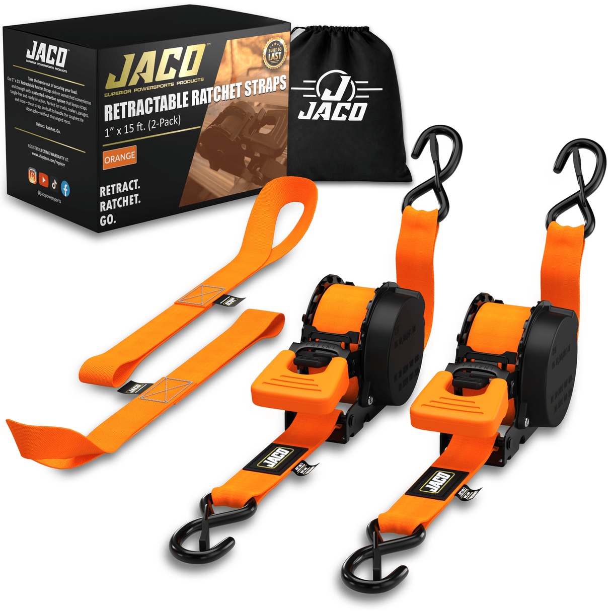 Retractable Ratchet Straps - 1" x 15 ft (1,760 lbs Break Strength) | Auto Self Retracting Cargo Tie Down Strap Set - Magnadyne