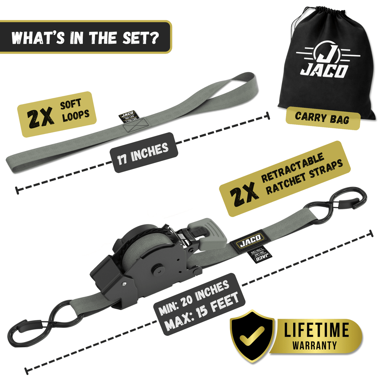 Retractable Ratchet Straps - 1" x 15 ft (1,760 lbs Break Strength) | Auto Self Retracting Cargo Tie Down Strap Set - Magnadyne