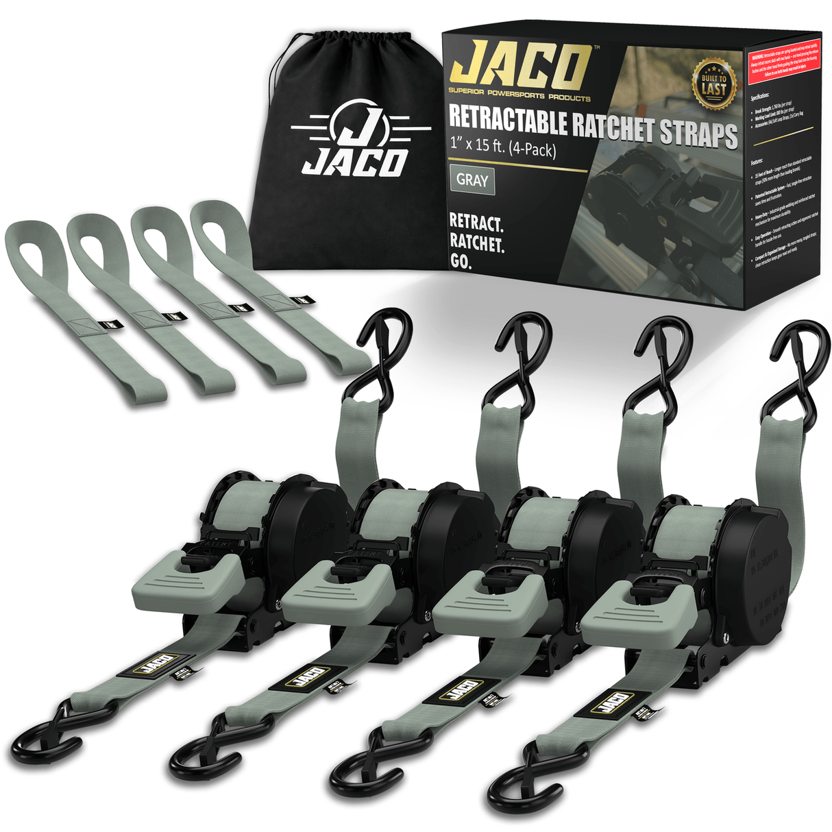 Retractable Ratchet Straps - 1" x 15 ft (1,760 lbs Break Strength) | Auto Self Retracting Cargo Tie Down Strap Set - Magnadyne
