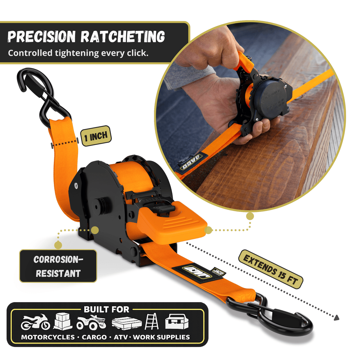 Retractable Ratchet Straps - 1" x 15 ft (1,760 lbs Break Strength) | Auto Self Retracting Cargo Tie Down Strap Set - Magnadyne