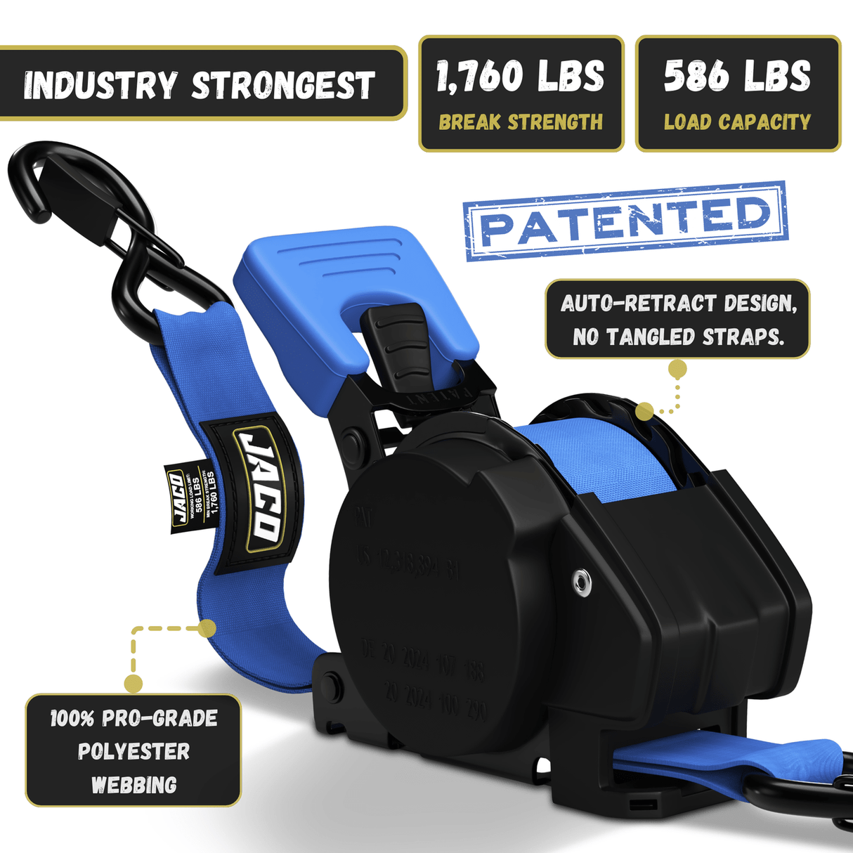Retractable Ratchet Straps - 1" x 15 ft (1,760 lbs Break Strength) | Auto Self Retracting Cargo Tie Down Strap Set - Magnadyne