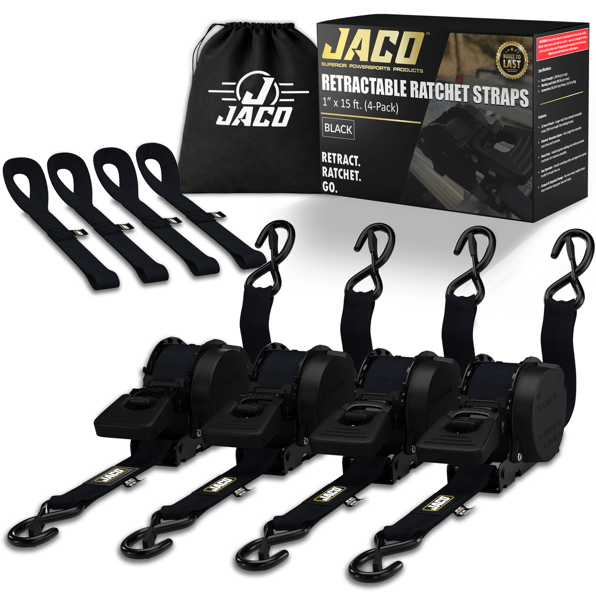 Retractable Ratchet Straps - 1" x 15 ft (1,760 lbs Break Strength) | Auto Self Retracting Cargo Tie Down Strap Set - Magnadyne