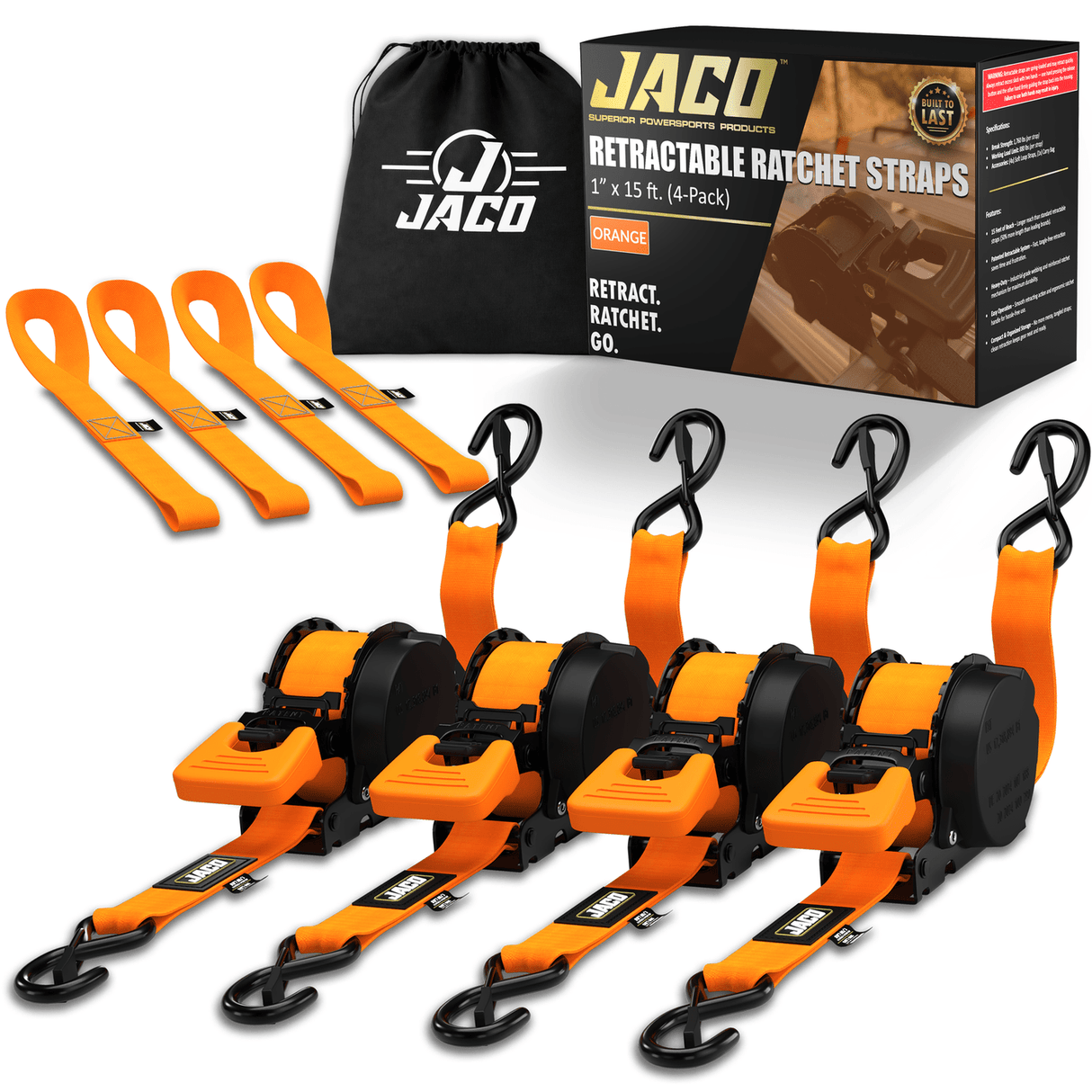 Retractable Ratchet Straps - 1" x 15 ft (1,760 lbs Break Strength) | Auto Self Retracting Cargo Tie Down Strap Set - Magnadyne
