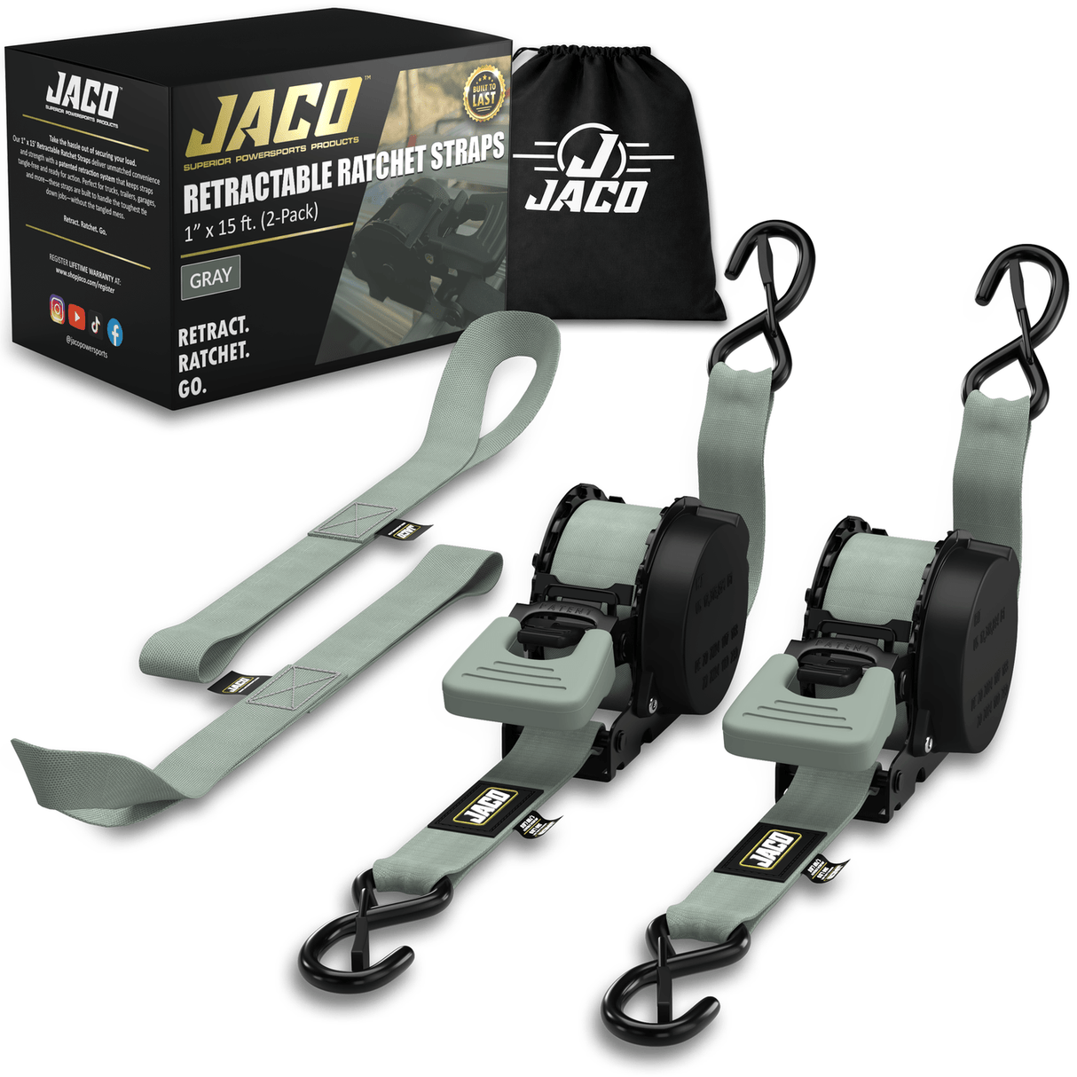 Retractable Ratchet Straps - 1" x 15 ft (1,760 lbs Break Strength) | Auto Self Retracting Cargo Tie Down Strap Set - Magnadyne
