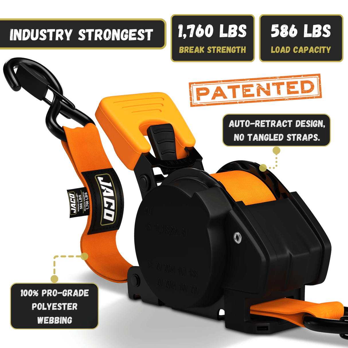 Retractable Ratchet Straps - 1" x 15 ft (1,760 lbs Break Strength) | Auto Self Retracting Cargo Tie Down Strap Set - Magnadyne