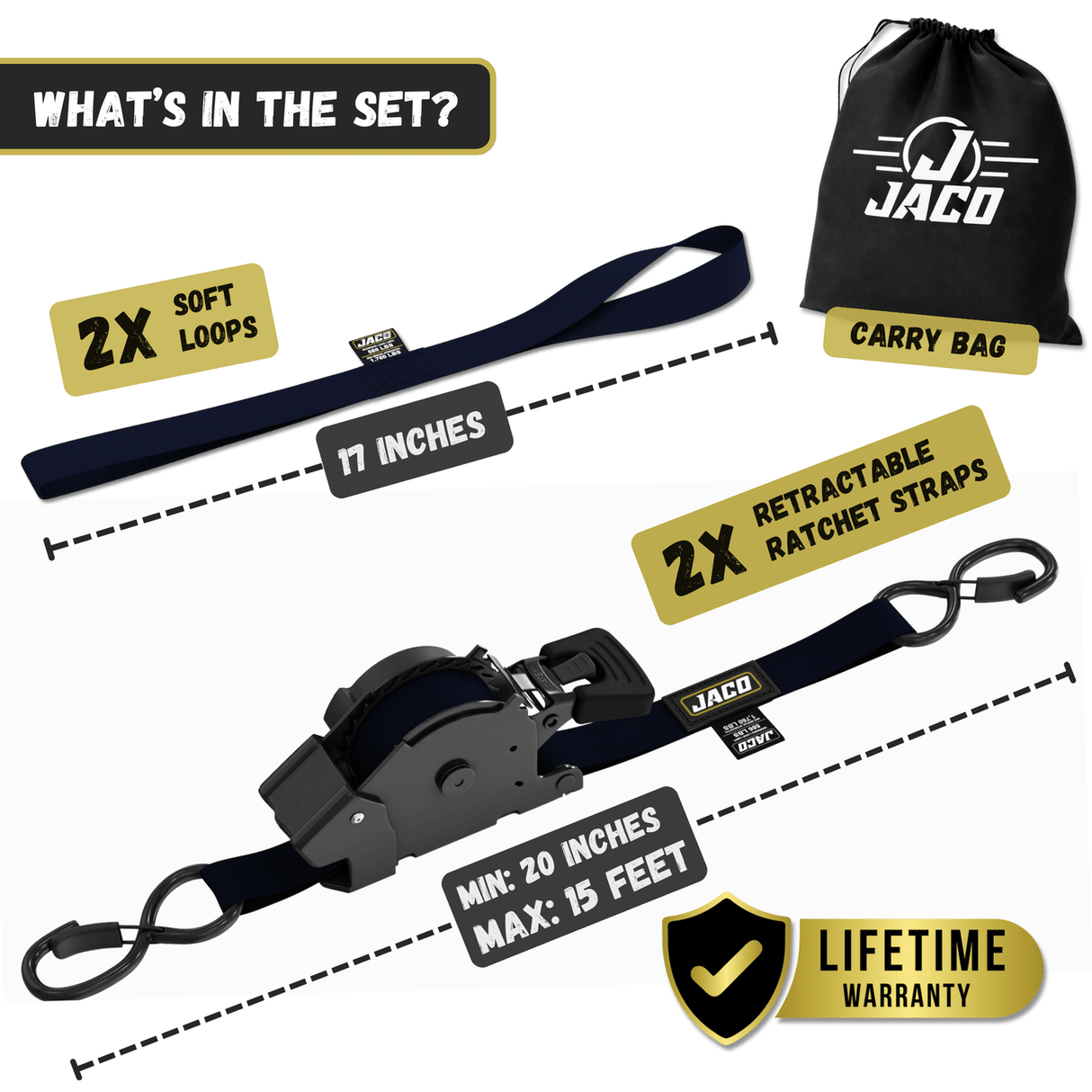 Retractable Ratchet Straps - 1" x 15 ft (1,760 lbs Break Strength) | Auto Self Retracting Cargo Tie Down Strap Set - Magnadyne