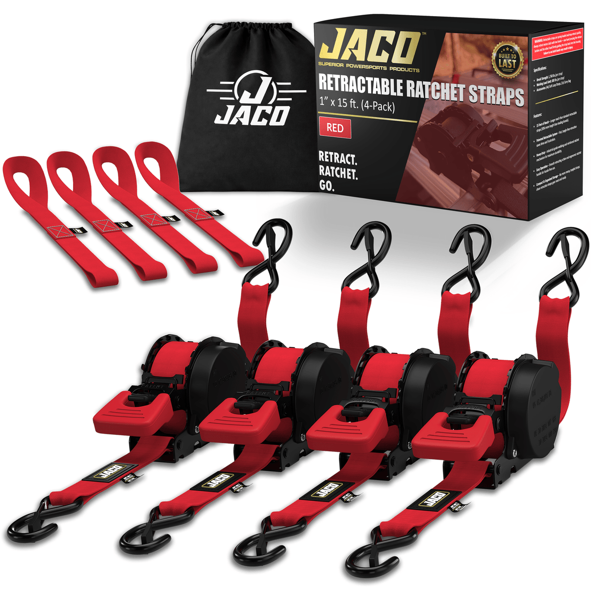 Retractable Ratchet Straps - 1" x 15 ft (1,760 lbs Break Strength) | Auto Self Retracting Cargo Tie Down Strap Set - Magnadyne