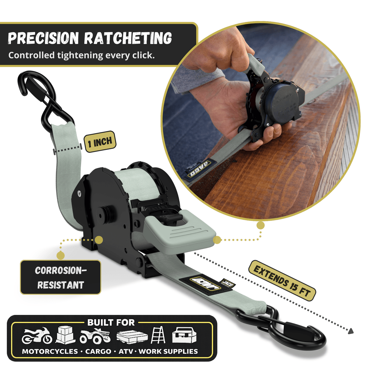 Retractable Ratchet Straps - 1" x 15 ft (1,760 lbs Break Strength) | Auto Self Retracting Cargo Tie Down Strap Set - Magnadyne