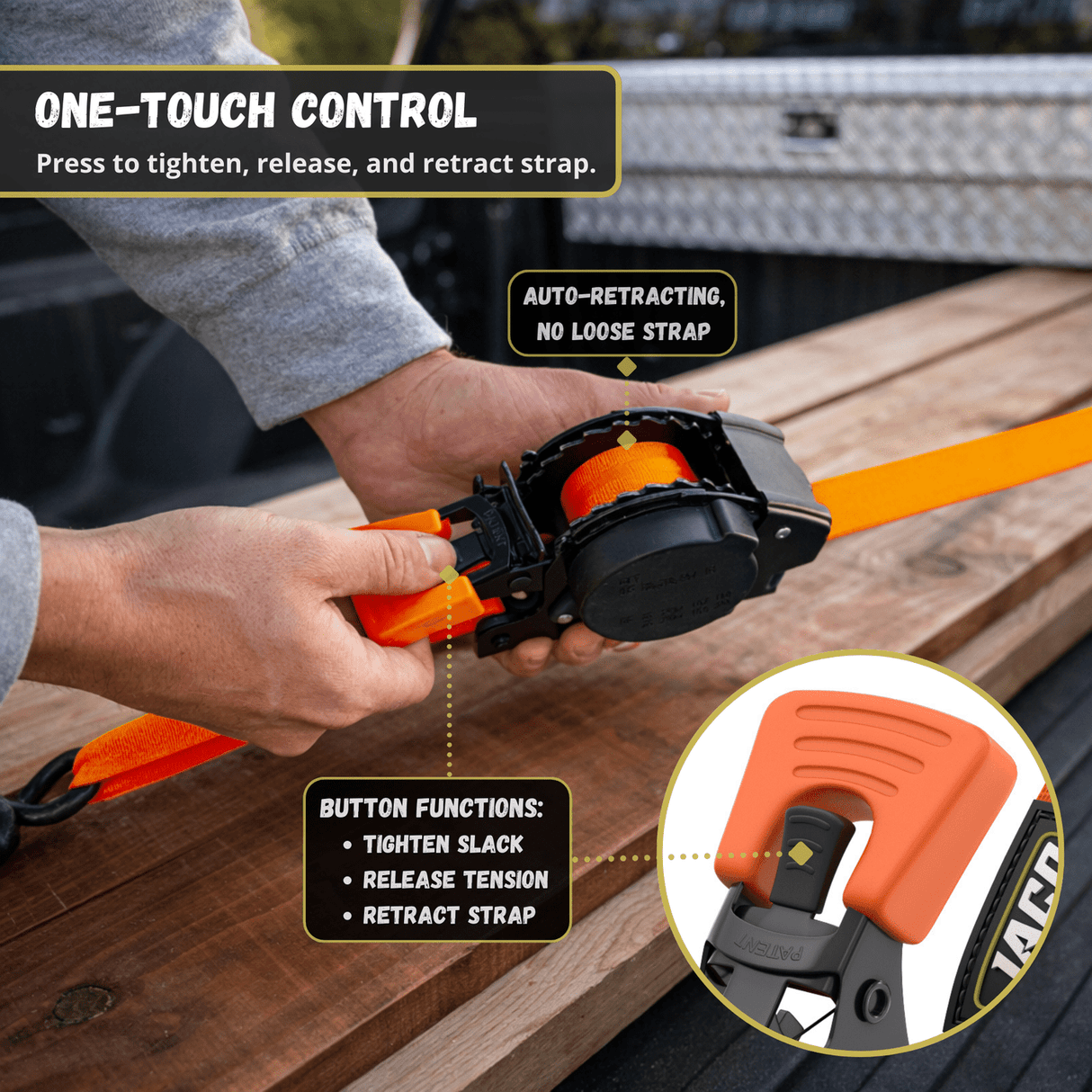 Retractable Ratchet Straps - 1" x 15 ft (1,760 lbs Break Strength) | Auto Self Retracting Cargo Tie Down Strap Set - Magnadyne