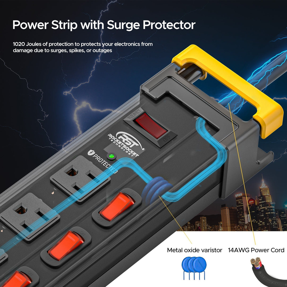 CRST 12 Outlets Individual Switches Power Strip Surge Protector with Cord Holding Design, 9FT Flat Plug Power Cord
