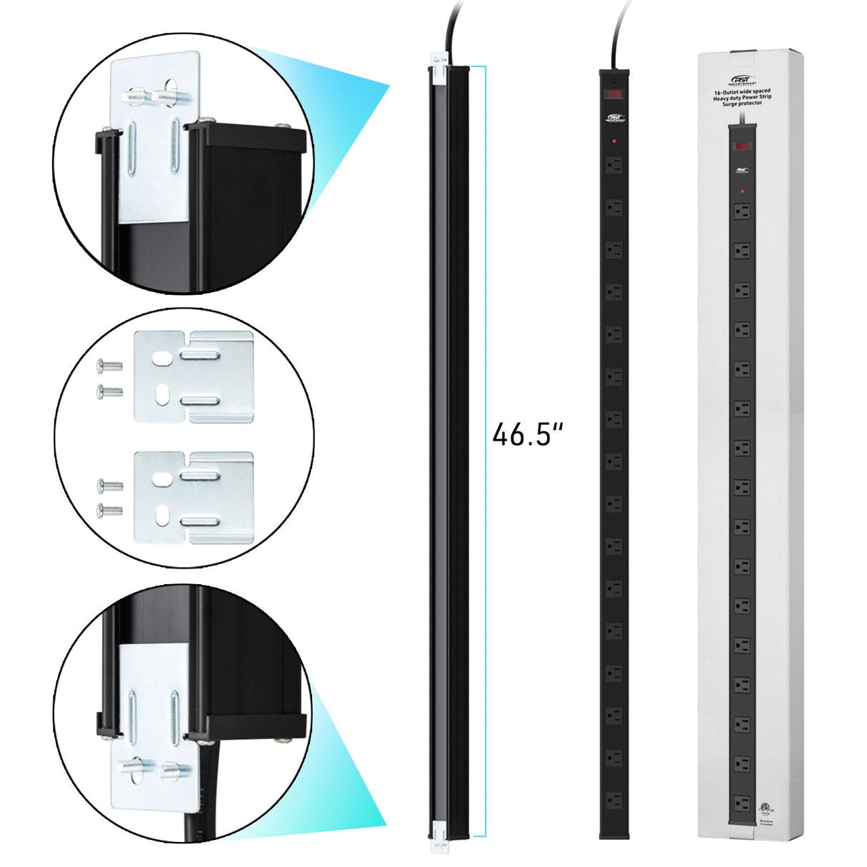 CRST 2.6" Wide Space 16 Outlets Mountable Metal Power Strip Surge Protector, 15FT Power Cord, Mounting Brackets Included