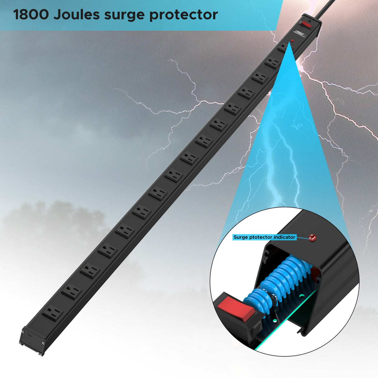 CRST 2.6" Wide Space 16 Outlets Mountable Metal Power Strip Surge Protector, 15FT Power Cord, Mounting Brackets Included