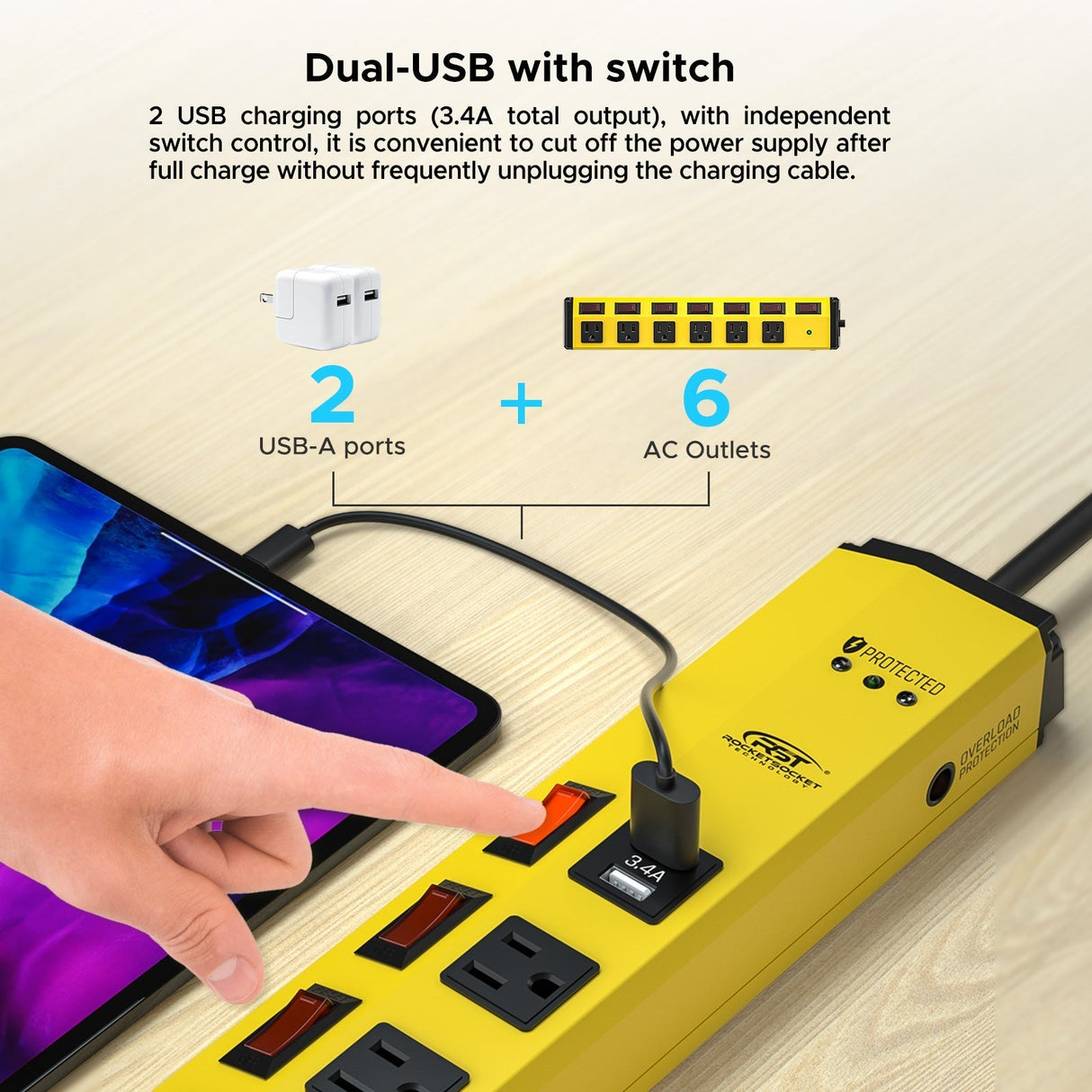 CRST 6 Outlets Dural USB Individual Switches Metal Power Strip Surge Protector, 6FT Flat Plug Power Cord