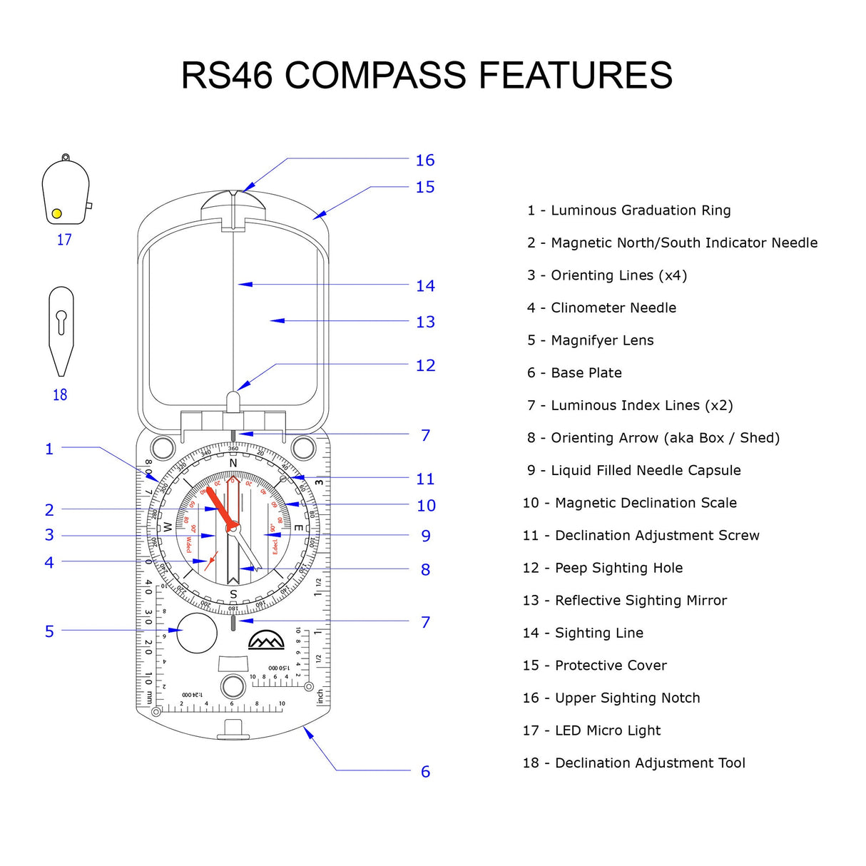 RS46 Mirrored Sighting Compass with Declination Adjustment, Clinometer & Map LED - Magnadyne