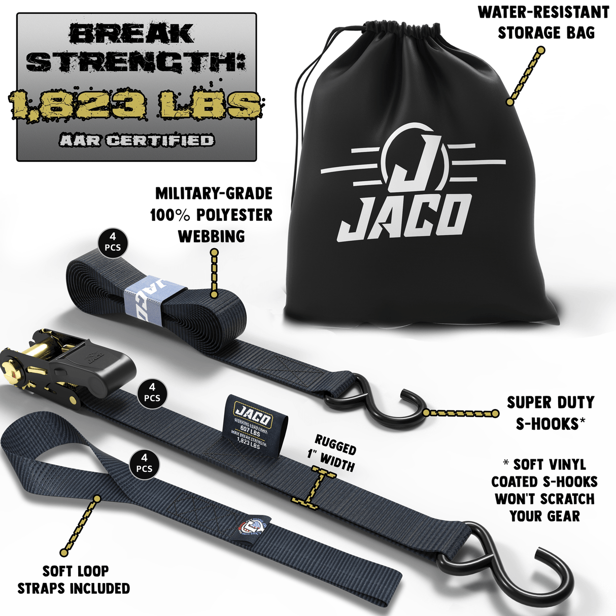 Tie Down Ratchet Straps (4 Pack) - 1 in x 15 ft | AAR Certified Break Strength (1,823 lbs) | Cargo Tie Down Set - Magnadyne