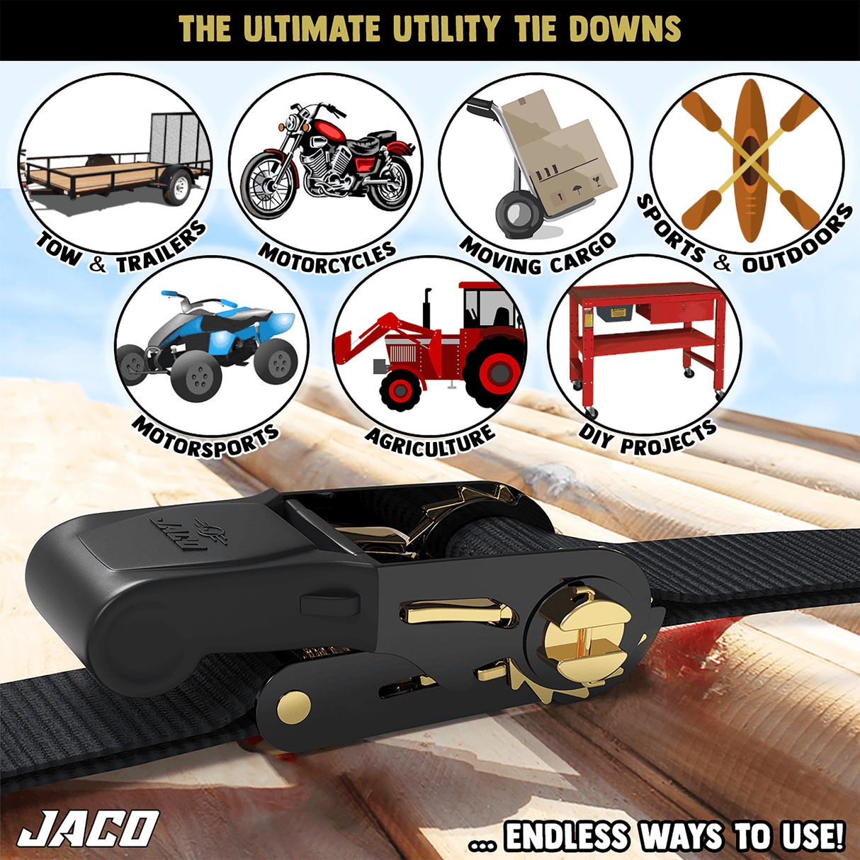 Tie Down Ratchet Straps (4 Pack) - 1 in x 15 ft | AAR Certified Break Strength (1,823 lbs) | Cargo Tie Down Set - Magnadyne