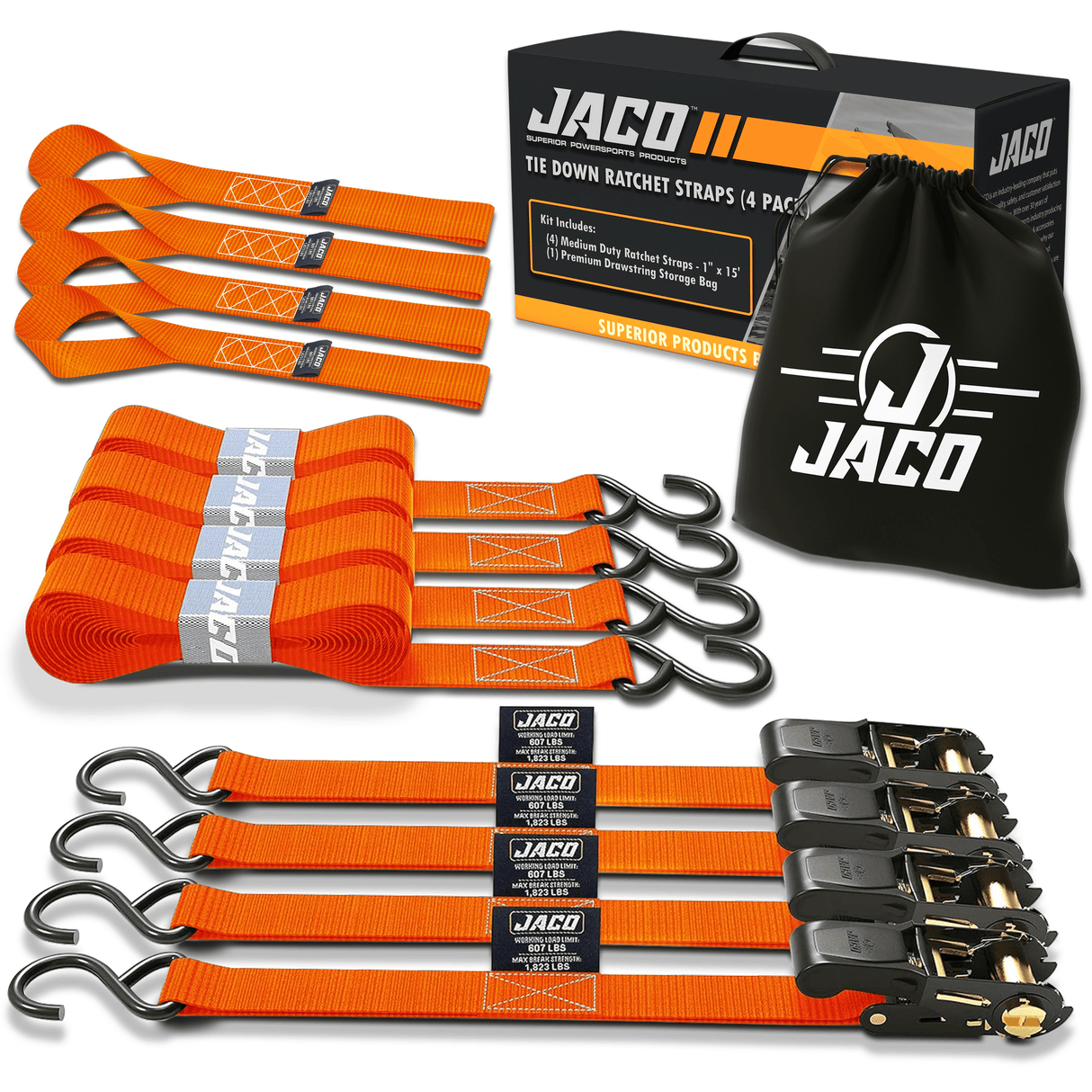 Tie Down Ratchet Straps (4 Pack) - 1 in x 15 ft | AAR Certified Break Strength (1,823 lbs) | Cargo Tie Down Set - Magnadyne
