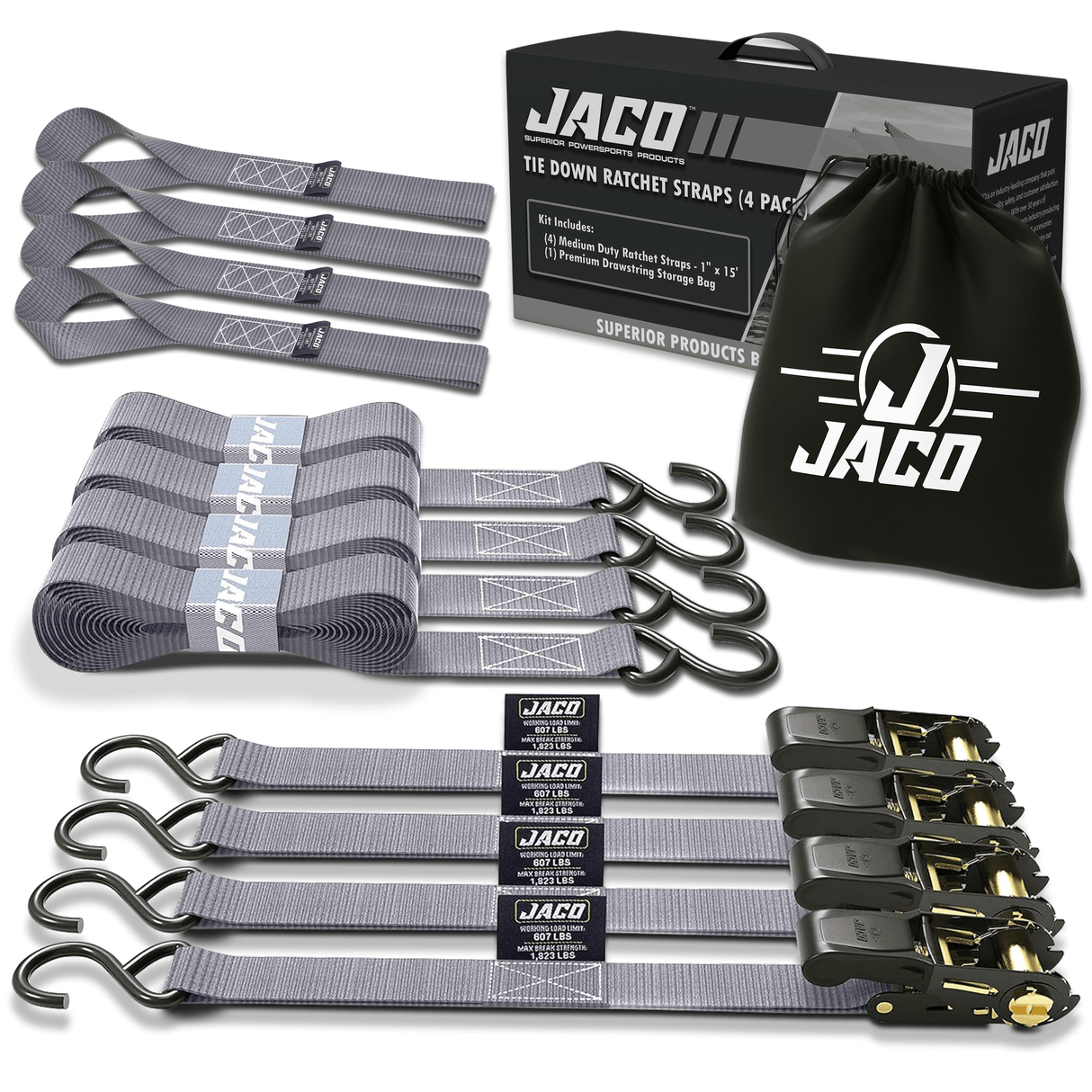 Tie Down Ratchet Straps (4 Pack) - 1 in x 15 ft | AAR Certified Break Strength (1,823 lbs) | Cargo Tie Down Set - Magnadyne