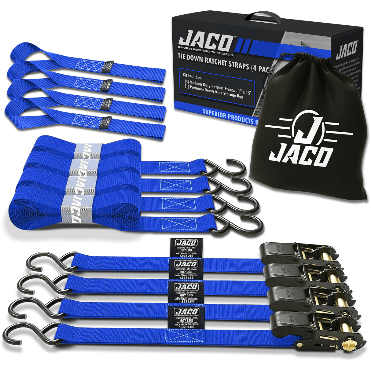 Tie Down Ratchet Straps (4 Pack) - 1 in x 15 ft | AAR Certified Break Strength (1,823 lbs) | Cargo Tie Down Set - Magnadyne